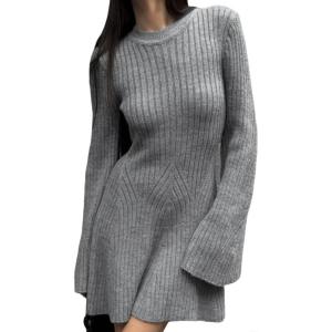 imageCHARTOU Women Rib Knitted Sweater Dress Fall Crewneck Flared Long Sleeve Ruffle Peplum Mini Dress with BeltGrey