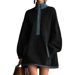 imageCHARTOU Women Suede Mini Dress Lantern Long Sleeve Half Zip Babydoll Tunic Loose Short Faux Leather DressBlack