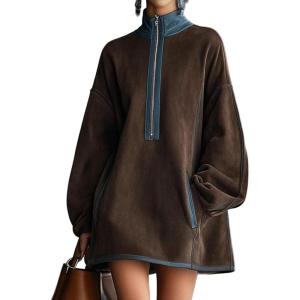 imageCHARTOU Women Suede Mini Dress Lantern Long Sleeve Half Zip Babydoll Tunic Loose Short Faux Leather DressBrown