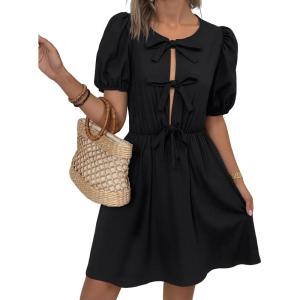 imageCHARTOU Women Summer Tie Front Mini Dress Puff Sleeve Elastic Waist A Line Babydoll DressBlack