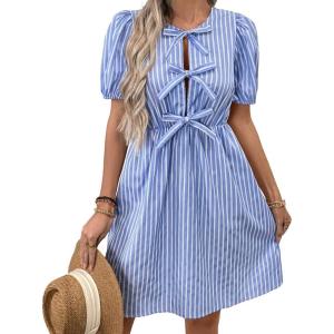 imageCHARTOU Women Summer Tie Front Mini Dress Puff Sleeve Elastic Waist A Line Babydoll DressBlue
