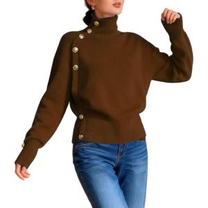 imageCHARTOU Women Turtleneck Sweater Fall Fashion Batwing Sleeve Jumper Elegant Short Knitted Pullover TopsBrown