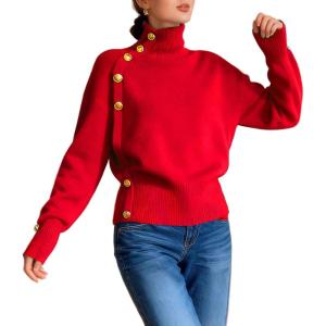 imageCHARTOU Women Turtleneck Sweater Fall Fashion Batwing Sleeve Jumper Elegant Short Knitted Pullover TopsRed