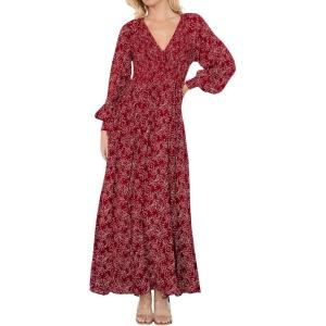 imageCHARTOU Womens Boho Flowy Chiffon Floral V Neck Maxi Dress Elegant Raglan Sleeve Long Vacation Sun DressesRed