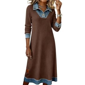 imageCHARTOU Womens Denim Lapel Knit Dress Fall Casual Long Sleeve Tunic Loose Midi Sweater DressBrown