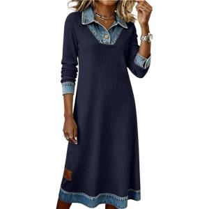 imageCHARTOU Womens Denim Lapel Knit Dress Fall Casual Long Sleeve Tunic Loose Midi Sweater DressNavy