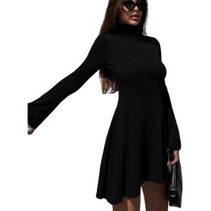 imageCHARTOU Womens Fall Turtleneck Knit Short Dress Flare Long Sleeve Ribbed Slim A Line Solid Dresses WinterBlack