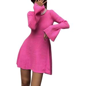 imageCHARTOU Womens Fall Turtleneck Knit Short Dress Flare Long Sleeve Ribbed Slim A Line Solid Dresses WinterRose