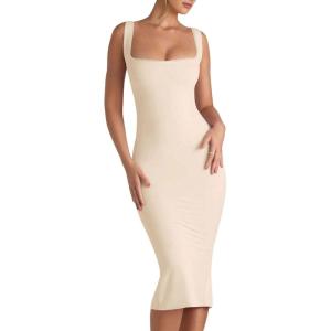 imageCHARTOU Womens Sexy Tight Sleeveless Bodycon Tank Midi Dress Stretch Plain Lace Trim Square Neck Party DressApricot