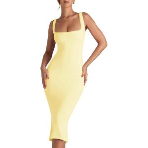imageCHARTOU Womens Sexy Tight Sleeveless Bodycon Tank Midi Dress Stretch Plain Lace Trim Square Neck Party DressYellow