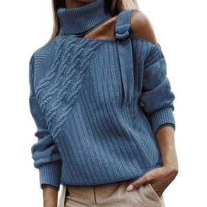 imageCHARTOU Womens Trendy Cold Shoulder Long Sleeves Turtleneck Knit Sweater KnitwearBlue