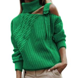 imageCHARTOU Womens Trendy Cold Shoulder Long Sleeves Turtleneck Knit Sweater KnitwearGreen