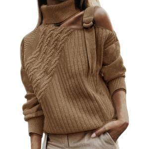 imageCHARTOU Womens Trendy Cold Shoulder Long Sleeves Turtleneck Knit Sweater KnitwearKhaki