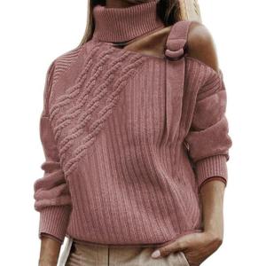 imageCHARTOU Womens Trendy Cold Shoulder Long Sleeves Turtleneck Knit Sweater KnitwearPink