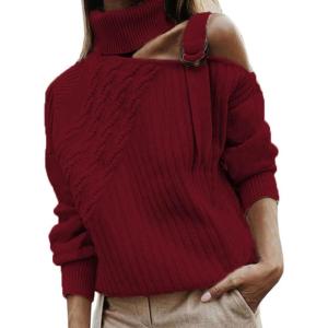 imageCHARTOU Womens Trendy Cold Shoulder Long Sleeves Turtleneck Knit Sweater KnitwearWine Red