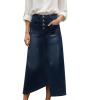 imageCHARTOU Women Denim Long Skirt Asymmetrical Patchwork Hem Buttoned High Waist A Line Maxi Jean SkirtBlue