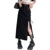 imageCHARTOU Women Slim High Waisted Denim Jean Midi Skirt Ripped Frayed Side Slit Ruched Tie A Line Long SkirtBlack