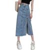 imageCHARTOU Women Slim High Waisted Denim Jean Midi Skirt Ripped Frayed Side Slit Ruched Tie A Line Long SkirtBlue