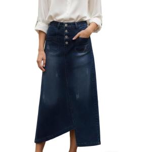 imageCHARTOU Women Denim Long Skirt Asymmetrical Patchwork Hem Buttoned High Waist A Line Maxi Jean SkirtBlue