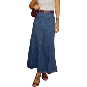 imageCHARTOU Women Long Patchwork Denim Skirt Elastic High Waist Flowy Maxi Jean SkirtBlue