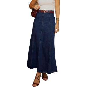 imageCHARTOU Women Long Patchwork Denim Skirt Elastic High Waist Flowy Maxi Jean SkirtDark Blue