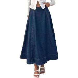imageCHARTOU Womens High Waist Maxi Jean Skirt Pleated Loose Swing Flare Hem Flowy Long Denim SkirtDark Blue