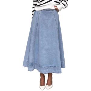 imageCHARTOU Womens High Waist Maxi Jean Skirt Pleated Loose Swing Flare Hem Flowy Long Denim SkirtLight Blue