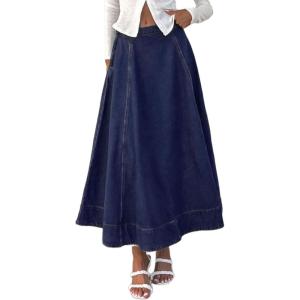 imageCHARTOU Womens High Waist Maxi Jean Skirt Pleated Loose Swing Flare Hem Flowy Long Denim SkirtRetro Blue