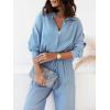 imageCHARTOU Womens 2 Piece Outfit Cotton Linen Button Down Shirt Elastic Waist Wide Leg Pants Lounge SetLight Blue