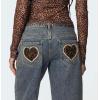 imageCHARTOU Womens Baggy Wide Leg Leopard Heart Denim Vintage Low Rise Straight JeansBlue