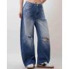 imageCHARTOU Womens Distressed Barrel Jeans Baggy Wide Leg Jeans Boyfriend Ripped Patchwork Crop Denim PantsDark Blue