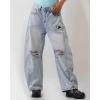 imageCHARTOU Womens Distressed Barrel Jeans Baggy Wide Leg Jeans Boyfriend Ripped Patchwork Crop Denim PantsLight Blue