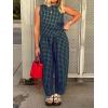 imageCHARTOU Womens Lightweight 2 Pieces Outfits Plaid Tank Vest Capri Wide Leg Pants Sets Loose Fit Lounge SetsDark Green