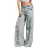 imageCHARTOU Low Rise Wide Leg Jeans Woman Baggy Lace Patchwork Flare Y2k Jeans Bell Bottom Denim Pants SummerBlue