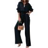 imageCHARTOU Womens 2 Piece Outfit Cotton Linen Button Down Shirt Elastic Waist Wide Leg Pants Lounge SetBlack