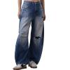imageCHARTOU Womens Distressed Barrel Jeans Baggy Wide Leg Jeans Boyfriend Ripped Patchwork Crop Denim PantsDark Blue