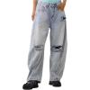 imageCHARTOU Womens Distressed Barrel Jeans Baggy Wide Leg Jeans Boyfriend Ripped Patchwork Crop Denim PantsLight Blue