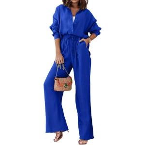 imageCHARTOU Womens 2 Piece Outfit Cotton Linen Button Down Shirt Elastic Waist Wide Leg Pants Lounge SetBlue