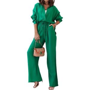 imageCHARTOU Womens 2 Piece Outfit Cotton Linen Button Down Shirt Elastic Waist Wide Leg Pants Lounge SetGreen
