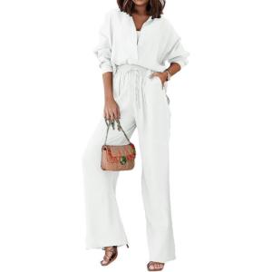 imageCHARTOU Womens 2 Piece Outfit Cotton Linen Button Down Shirt Elastic Waist Wide Leg Pants Lounge SetWhite