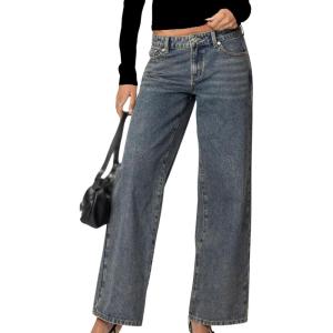 imageCHARTOU Womens Baggy Wide Leg Leopard Heart Denim Vintage Low Rise Straight JeansBlue