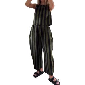 imageCHARTOU Womens Casual Stripe Two Piece Outfits Loose Vest Elastic High Rise Pants Sets with PocketsDark Green