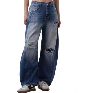 imageCHARTOU Womens Distressed Barrel Jeans Baggy Wide Leg Jeans Boyfriend Ripped Patchwork Crop Denim PantsDark Blue