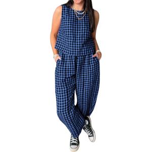 imageCHARTOU Womens Lightweight 2 Pieces Outfits Plaid Tank Vest Capri Wide Leg Pants Sets Loose Fit Lounge SetsBlue