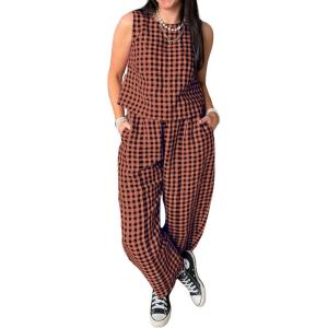 imageCHARTOU Womens Lightweight 2 Pieces Outfits Plaid Tank Vest Capri Wide Leg Pants Sets Loose Fit Lounge SetsBrick Red