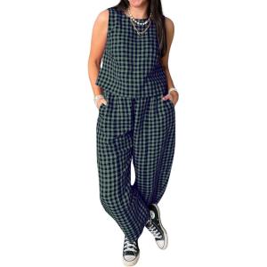 imageCHARTOU Womens Lightweight 2 Pieces Outfits Plaid Tank Vest Capri Wide Leg Pants Sets Loose Fit Lounge SetsDark Green