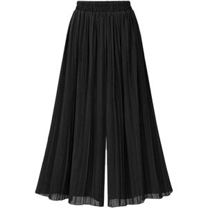 imageCHARTOU Womens Loose Chiffon Elastic Waist Pleated Cropped Wide Leg Pants PalazzoBlack