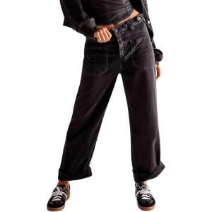 imageCHARTOU Womens Vintage Mid Rise Jeans Button Loose Denim Pants Straight Wide Leg Long Pants with PocketsBlack