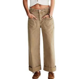 imageCHARTOU Womens Vintage Mid Rise Jeans Button Loose Denim Pants Straight Wide Leg Long Pants with PocketsKhaki