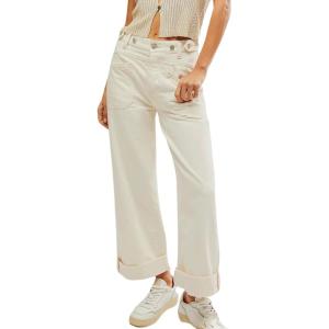 imageCHARTOU Womens Vintage Mid Rise Jeans Button Loose Denim Pants Straight Wide Leg Long Pants with PocketsWhite